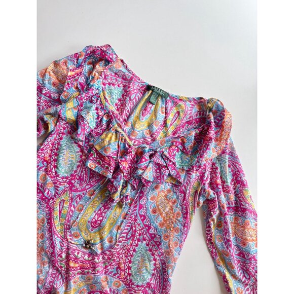 LAUREN RALPH LAUREN Pink Paisley Cotton Voile V-Neck Ruffle Blouse, Size M - Picture 6 of 16